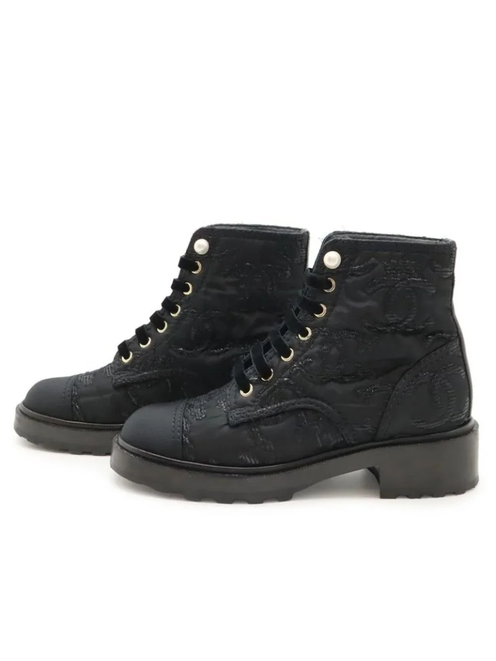 Chanel Coco Mark Short Boots Lace-Up Braided Fabric Pearl Black 38 C Size - Picture 2 of 9